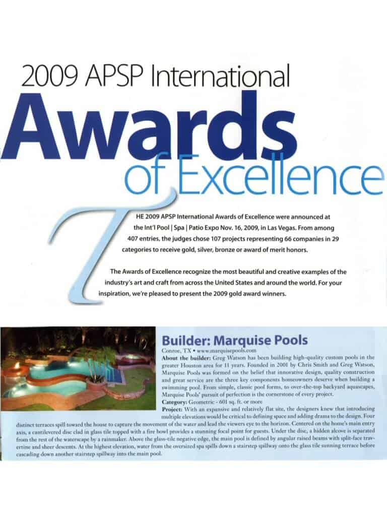 Pool Construction Awards, Publications and Television - Marquise Pools